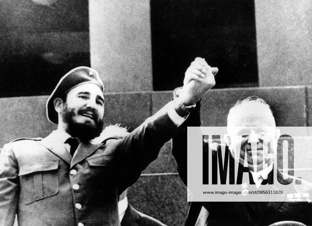 Photograph of Fidel Castro and Nikita Khrushchev in front of the tomb of Vladimir Lenin Photograph of Fidel Castro (1926-) and Nikita Khrushchev (1894-1971) in front of the tomb of Vladimir Lenin (1970-1924). Dated 1963 Editorial use only. All other uses to be cleared with the copyright owner (World History Archive), in advance., WHA_068_0391.jpg, Fidel Castro; Nikita Khrushchev; Vladimir Lenin; tomb; 1963; historical; leaders; Soviet Union; Cuba; communism; politics; Cold War; meeting; visit; paying respects; friendship; alliance; Moscow; Russia; history; iconic; leaders; statesmen; revolutionaries; communism; socialism; Soviet leaders; political figures; 1960s; world leaders.