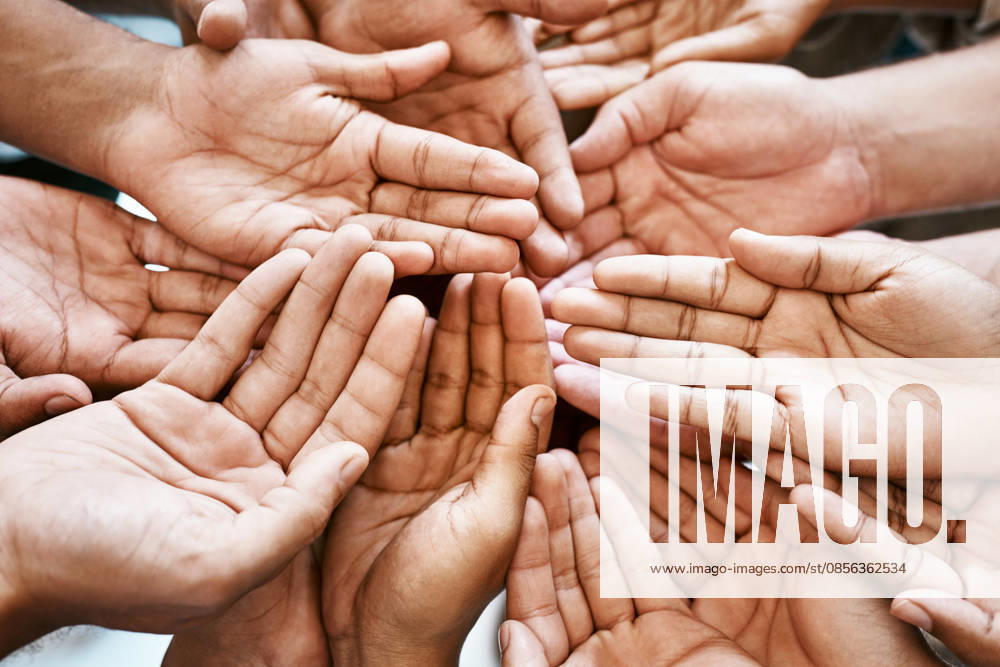 Hands, teamwork and collaboration in closeup with partnership and charity for community support. Group, people or friends and crowd palm for help, hope and goal or mission for solidarity and peace. (License=RF) ,model released, Symbolfoto