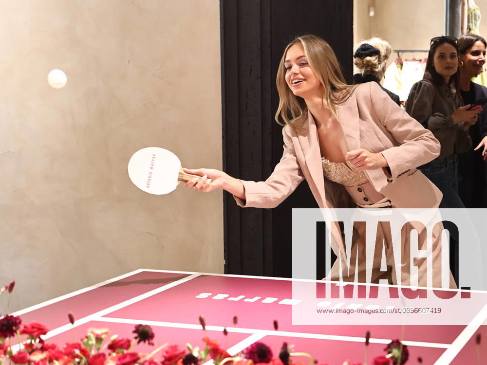 IPA84680178 - Rome, Laila Hasanovic attends the Antonio Marras boutique event. Pictured: Laila Hasanovic plays ping pong.