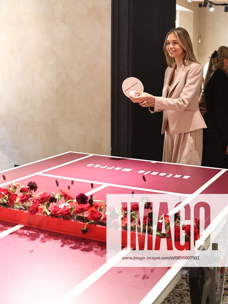 IPA84680171 - Rome, Laila Hasanovic attends the Antonio Marras boutique event. Pictured: Laila Hasanovic plays ping pong.