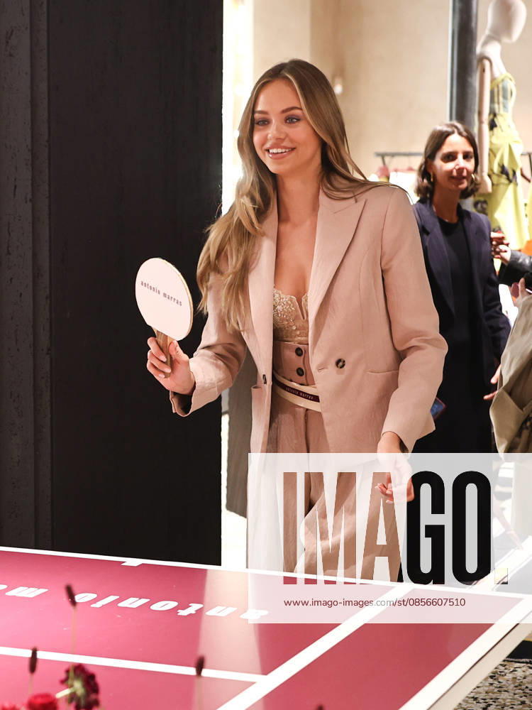IPA84680181 - Rome, Laila Hasanovic attends the Antonio Marras boutique event. Pictured: Laila Hasanovic plays ping pong.