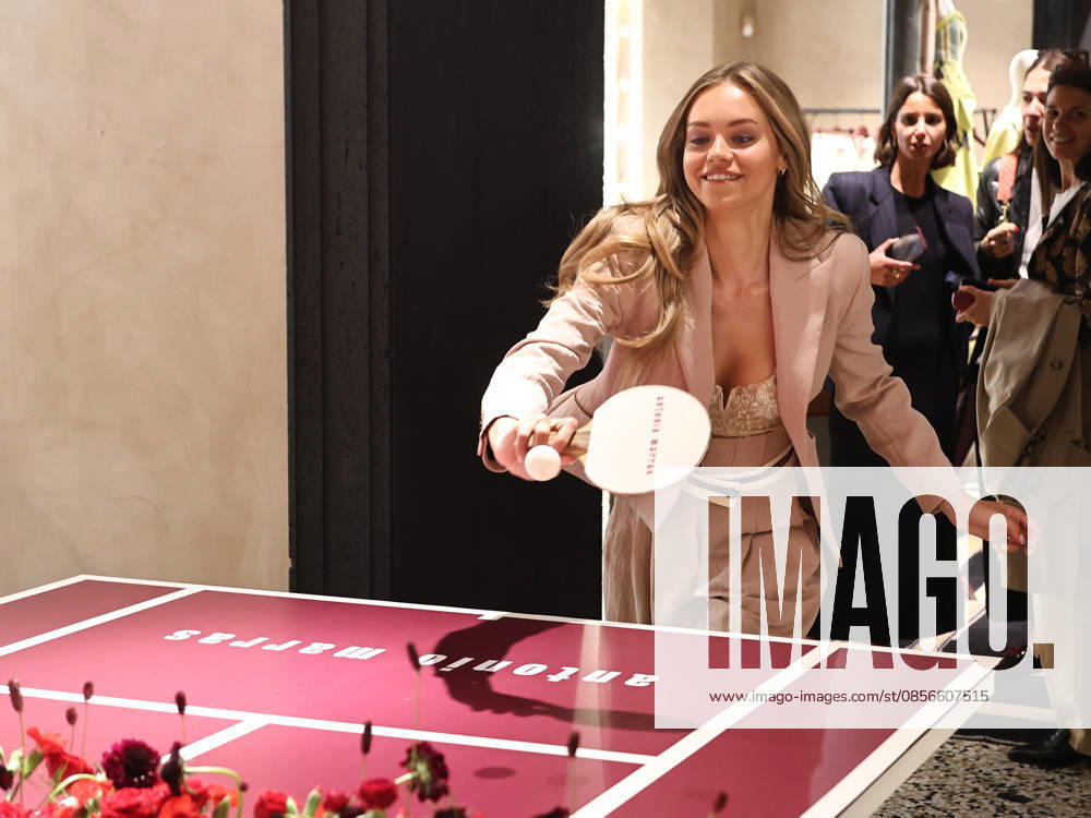 IPA84680183 - Rome, Laila Hasanovic attends the Antonio Marras boutique event. Pictured: Laila Hasanovic plays ping pong.