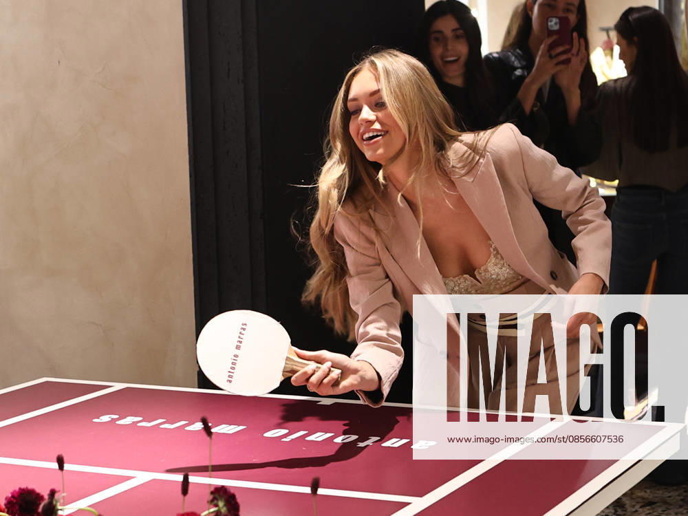 IPA84680194 - Rome, Laila Hasanovic attends the Antonio Marras boutique event. Pictured: Laila Hasanovic plays ping pong.