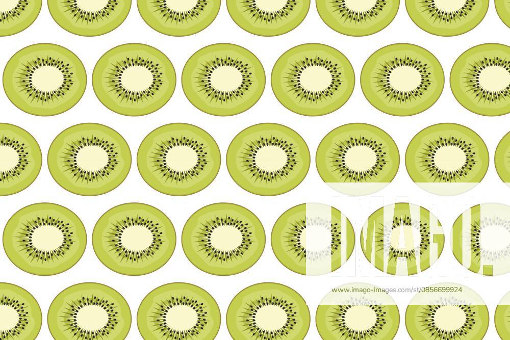 Nahtloses Muster mit in Reihen angeordneten Kiwi Fruchtscheiben auf weißem Hintergrund, frische grüne tropische Lebensmittelillustration Seamless pattern with kiwi fruit slices arranged in rows on white background, fresh green tropical food illustration