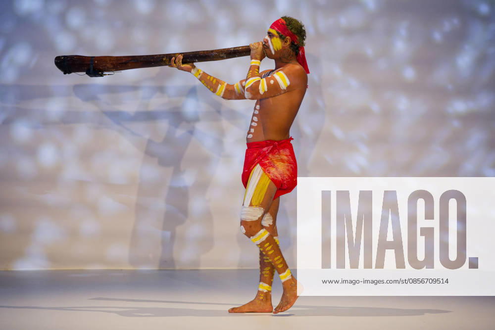 Australian Fashion Week 2026 - Runway - Ngali Jahmarley Dawson plays the didgeridoo during the Ngali Wander with Wonder Runway show at Australian Fashion Week 2026 at Museum of Contemporary Art on May 15, 2026 in Sydney, Australia., Credit:IOIO IMAGES IOIO Avalon Australia, New South Wales, Sydney, Museum of Contemporary Art