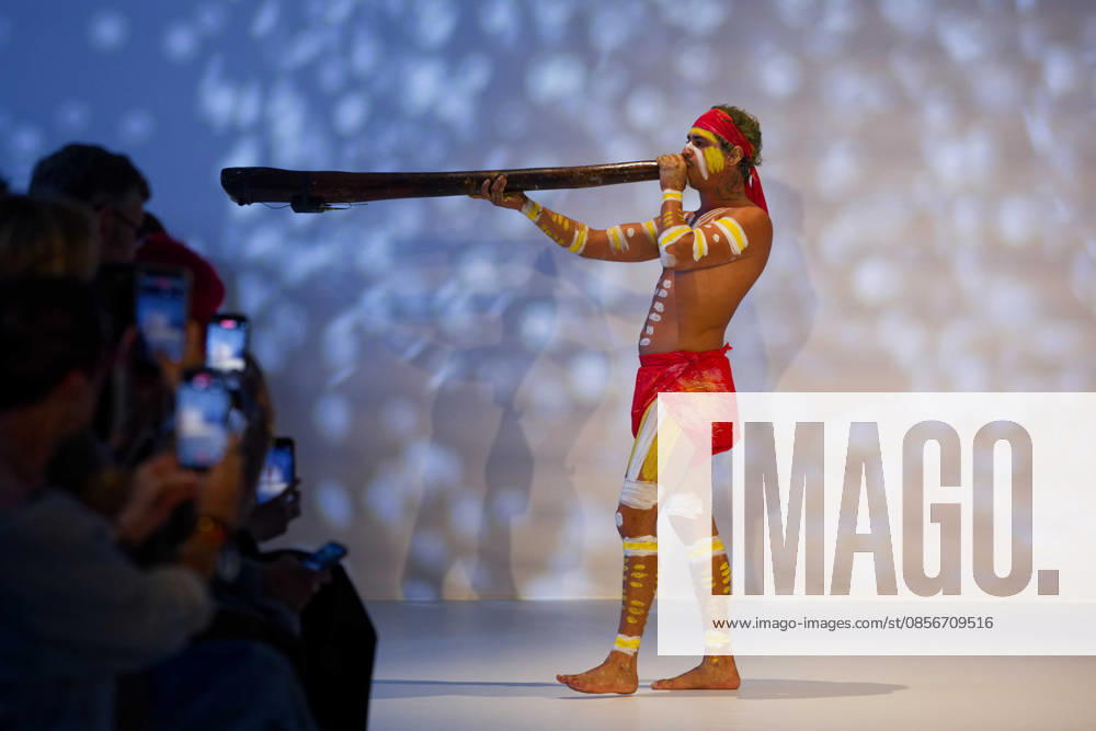 Australian Fashion Week 2026 - Runway - Ngali Jahmarley Dawson plays the didgeridoo during the Ngali Wander with Wonder Runway show at Australian Fashion Week 2026 at Museum of Contemporary Art on May 15, 2026 in Sydney, Australia., Credit:IOIO IMAGES IOIO Avalon Australia, New South Wales, Sydney, Museum of Contemporary Art