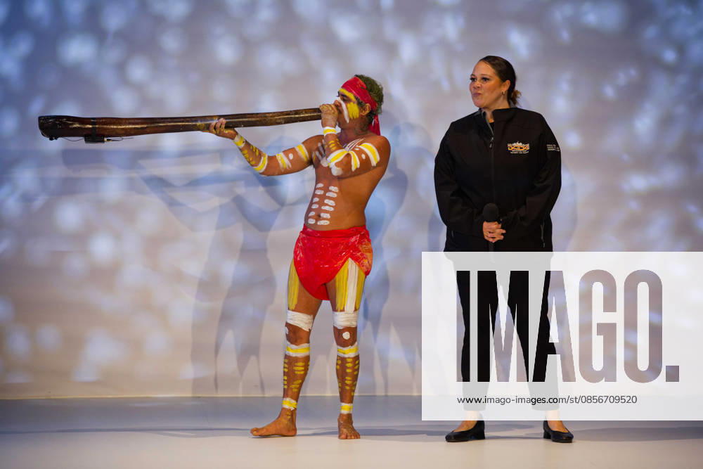Australian Fashion Week 2026 - Runway - Ngali Jahmarley Dawson plays the didgeridoo during the Ngali Wander with Wonder Runway show at Australian Fashion Week 2026 at Museum of Contemporary Art on May 15, 2026 in Sydney, Australia., Credit:IOIO IMAGES IOIO Avalon Australia, New South Wales, Sydney, Museum of Contemporary Art
