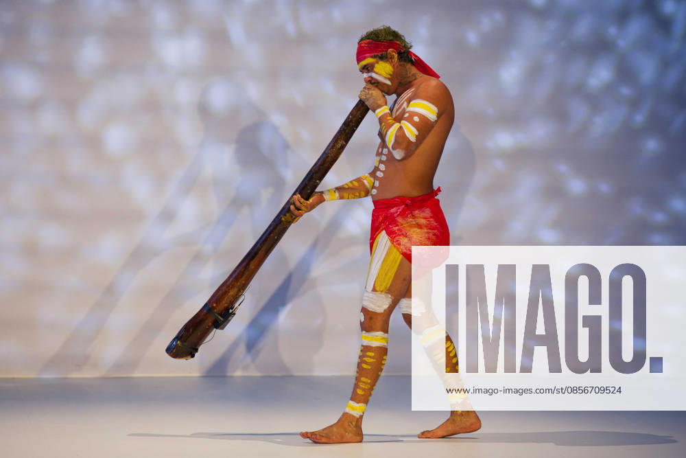 Australian Fashion Week 2026 - Runway - Ngali Jahmarley Dawson plays the didgeridoo during the Ngali Wander with Wonder Runway show at Australian Fashion Week 2026 at Museum of Contemporary Art on May 15, 2026 in Sydney, Australia., Credit:IOIO IMAGES IOIO Avalon Australia, New South Wales, Sydney, Museum of Contemporary Art