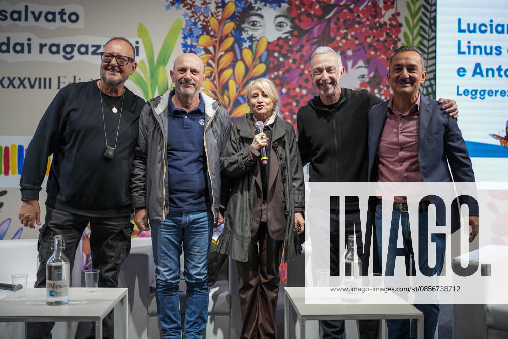 IPA84723908 - Turin. Second day of the 18th edition of the Turin International Book Fair entitled The World Saved by Kids. The fair will remain open from May 14 to 18, 2026 at Lingotto Fiere Pictured: Antonello Dose, Marco Presta, Luciana Littizzetto, Linus, Nicola Savino