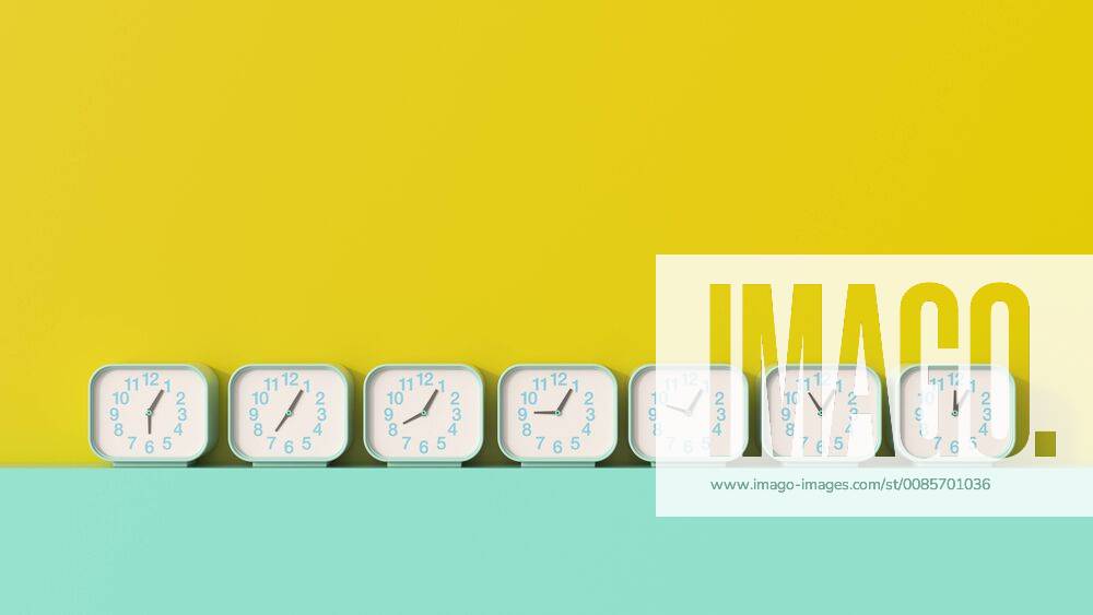 3D rendering, Row of alarm clocks, showing different times UWF01480