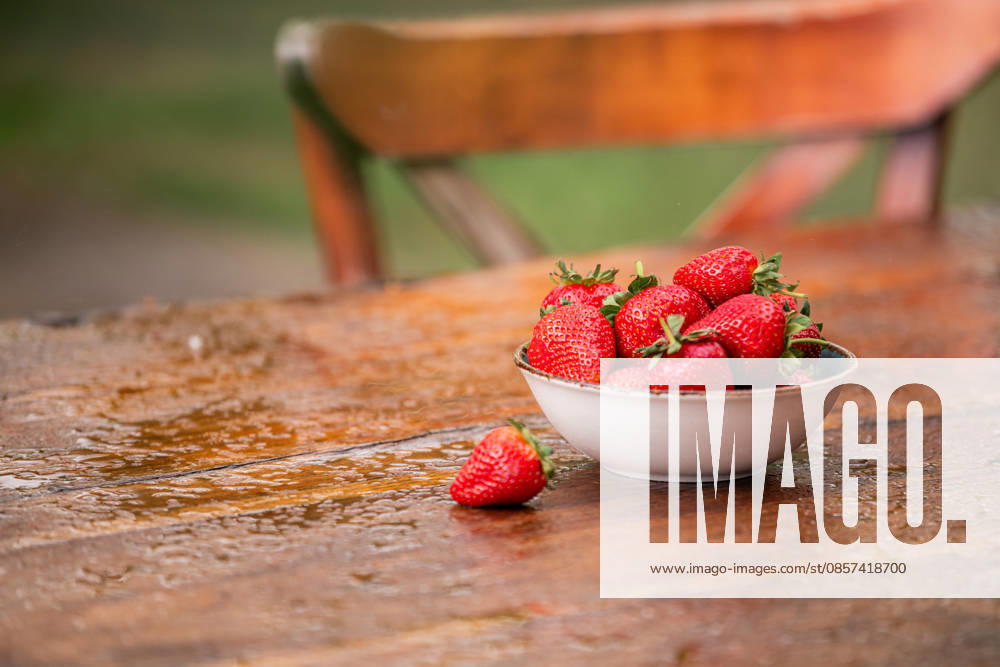 Auf einem Holztisch steht eine Schale mit Erdbeeren. A bowl of strawberries sits on a wooden table. The bowl is filled with a variety of strawberries, some of which are larger and others smaller (License=RF) ,model released, Symbolfoto