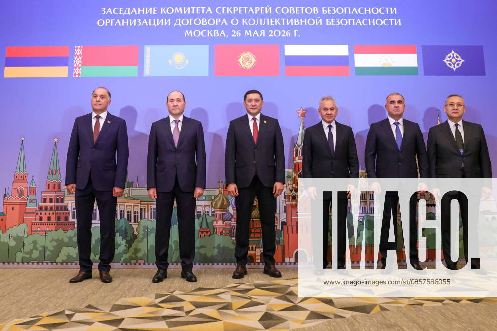 RUSSIA, MOSCOW - MAY 26, 2026: Belarusian Security Council Secretary Alexander Volfovich, Kazakhstan s Security Council Secretary Gizat Nurdauletov, Kyrgyzstan s Security Council Secretary Adilet Orozbekov, Russian Security Council Secretary Sergei Shoigu, Tajikistan s Security Council Secretary Yusuf Rahmon and CSTO Secretary General Taalatbek Masadykov (L-R) pose for a group photograph before a meeting of the Committee of Security Council Secretaries of the Collective Security Treaty Oranisation (CSTO). Artyom Geodakyan TASS 93049656