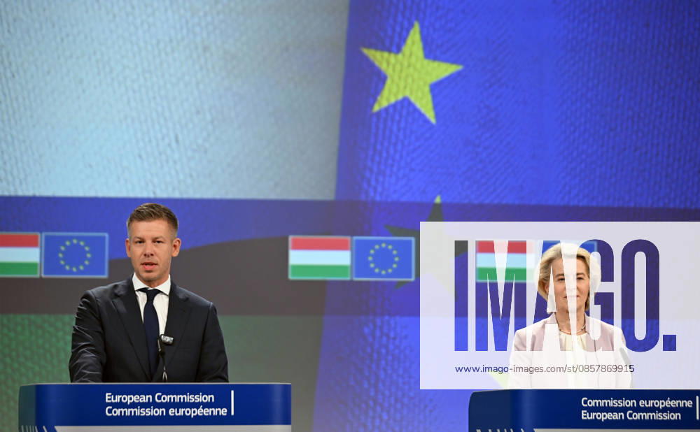 Peter Magyar - Ursula von der Leyen joint press conference in Brussels BRUSSELS, BELGIUM - MAY 29: Hungarian Prime Minister Peter Magyar and European Commission President Ursula von der Leyen hold a joint press conference in Brussels, Belgium, on May 29, 2026. Dursun Aydemir Anadolu Brussels Belgium. Editorial use only. Please get in touch for any other usage.