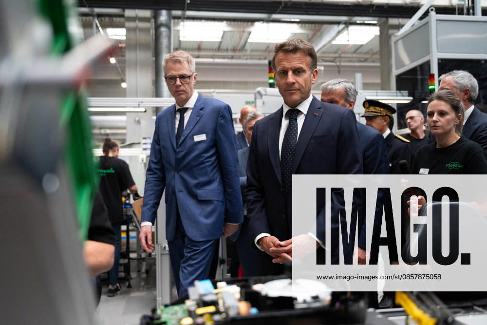 French President Emmanuel Macron visits the Vorwerk factory, which manufactures Thermomix kitchen appliances, as part of the Choose France Days in Donnemain Saint Mames, central France, May 29, 2026 Donnemain Saint Mames France