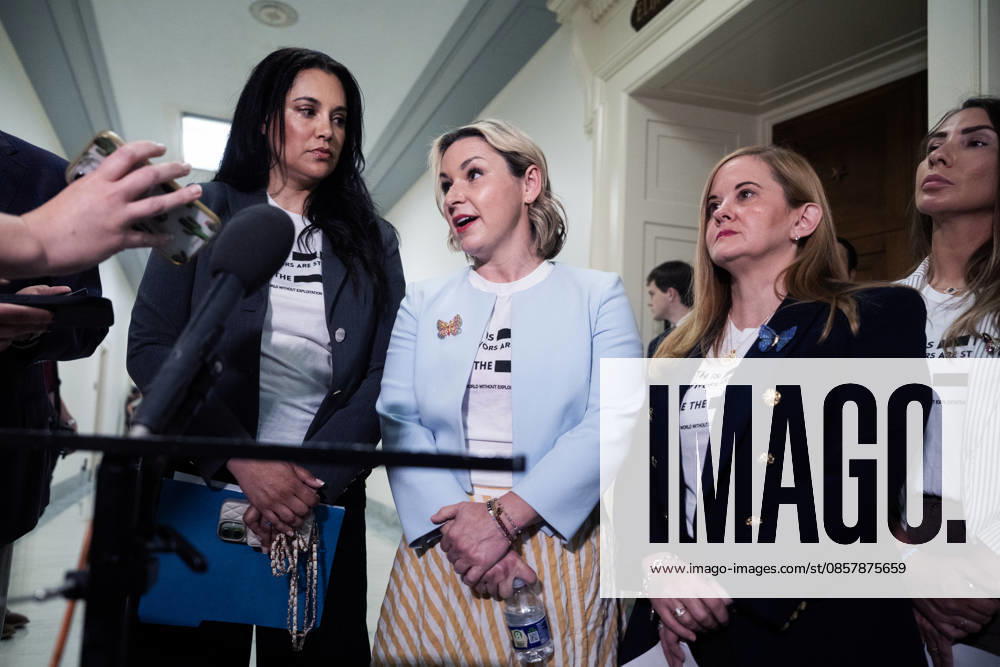 Bondi Deposition TW UNITED STATES - MAY 29: Jeffrey Epstein survivors from left, Sharlene Rochard, Dani Bensky, Liz Stein, and Marina Lacerda, talk with reporters before former Attorney General Pam Bondi sat for a House Oversight and Government Reform Committee deposition about the Epstein files, in Rayburn building on Friday, May 29, 2026. (Tom Williams CQ Roll Call) Washington DC United States