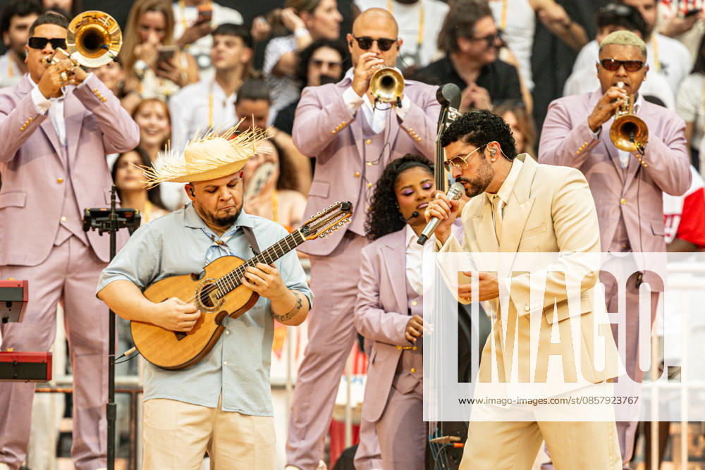 Bad Bunny performs at the Metropolitano Madrid Singer Bad Bunny performs during a concert at the Riyadh Air Metropolitano on May 30, 2026, in Madrid Spain The Puerto Rican artist will perform ten concerts in the capital between May 30 and June 15 as part of his DeBÍ TiRAR MáS FOToS World Tour 30 MAY 2026 CONCERT MUSIC PUERTO RICO PUERTORRICAN SINGER DTMF TOUR WORLD TOUR Madrid Madrid Spain