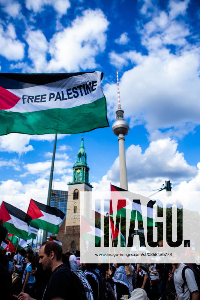 Demonstrators gather in Berlin during Naksa Day commemorations. In the photo, the TV Tower can be seen alongside a flag bearing the message ‘Free Palestine. Berlin Germany - ZUMAc291 20260605_zip_c291_007