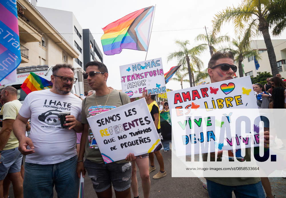 People are seen holding up placards as they take part in a demonstration in support of the rights of LGTBIQ+ people, as part of the LGTBIQ+ Pride celebrations. The LGTBIQ+ Pride of Torremolinos is internationally known as a meeting point for LGTBIQ+ people in a colourful and festive atmosphere, where thousands of people celebrate the fight of the LGTBIQ+ movement for equality and respect. Malaga Spain - ZUMAs197 20260606_aaa_s197_390