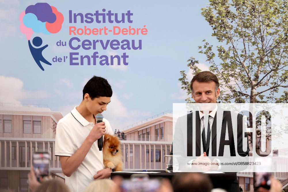 Emmanuel Macron and Brigitte Macron Visit the Robert-Debre Hospital - Paris French President Emmanuel Macron delivers a speech next to Adrien Taquet, Chairman of the Supervisory Board of the Robert-Debre Institute for the Child s Brain and Professor Ghislaine Dehaene during the foundation stone laying ceremony for the Child Brain Institute (ICE - Institut Robert-Debre du Cerveau de l’Enfant) at the Robert-Debre Hospital in Paris, on June 10, 2026. Photo by Stephane Lemouton Pool ABACAPRESS.COM Paris France