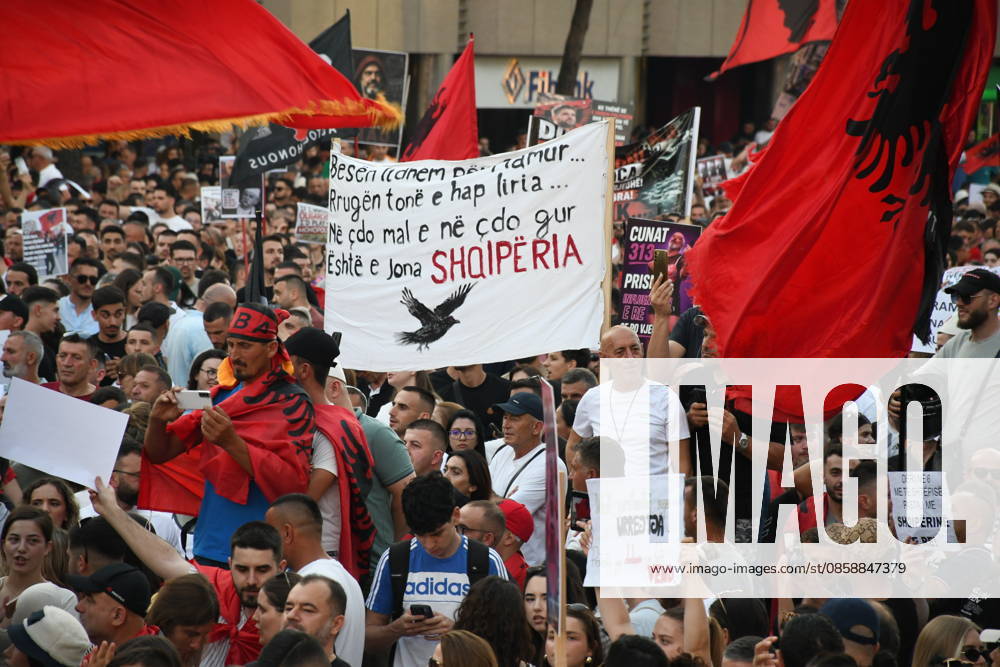 Protests against the Vlora tourism project continue in Albania TIRANA, ALBANIA - JUNE 10: People stage a protest against a planned tourism project in the Zvernec area of Avlonya (Vlora) as they gather at Skanderbeg Square in Tirana, Albania on June 10, 2026. Olsi Shehu Anadolu Tirana Albania. Editorial use only. Please get in touch for any other usage.