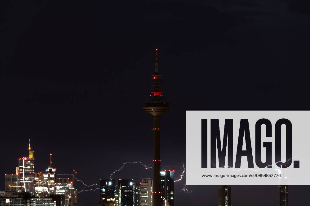 Lightning flashes over the financial district skyline during a thunderstorm in Frankfurt am Main, Germany. Frankfurt Germany - ZUMAb332 20260610_zip_b332_019
