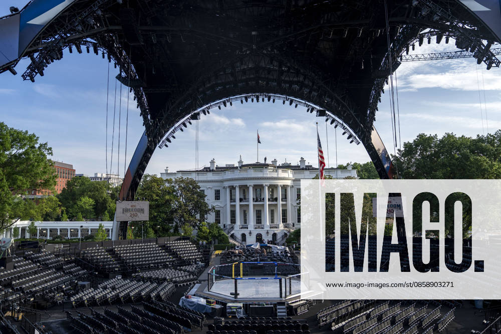 The Ultimate Fighting Championship (UFC) arena is seen as preparations continue for the UFC Freedom 250 event on the South Lawn of the White House in Washington, DC on Thursday, June 11, 2026. President Donald Trump is hosting a series of fighting matches on the South Lawn on Flag Day and his 80th birthday, June 14, in honor of America s 250th birthday. WAP20260611301 BONNIExCASH