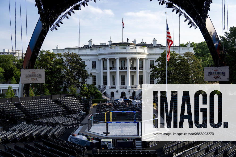 The Ultimate Fighting Championship (UFC) arena is seen as preparations continue for the UFC Freedom 250 event on the South Lawn of the White House in Washington, DC on Thursday, June 11, 2026. President Donald Trump is hosting a series of fighting matches on the South Lawn on Flag Day and his 80th birthday, June 14, in honor of America s 250th birthday. WAP20260611302 BONNIExCASH