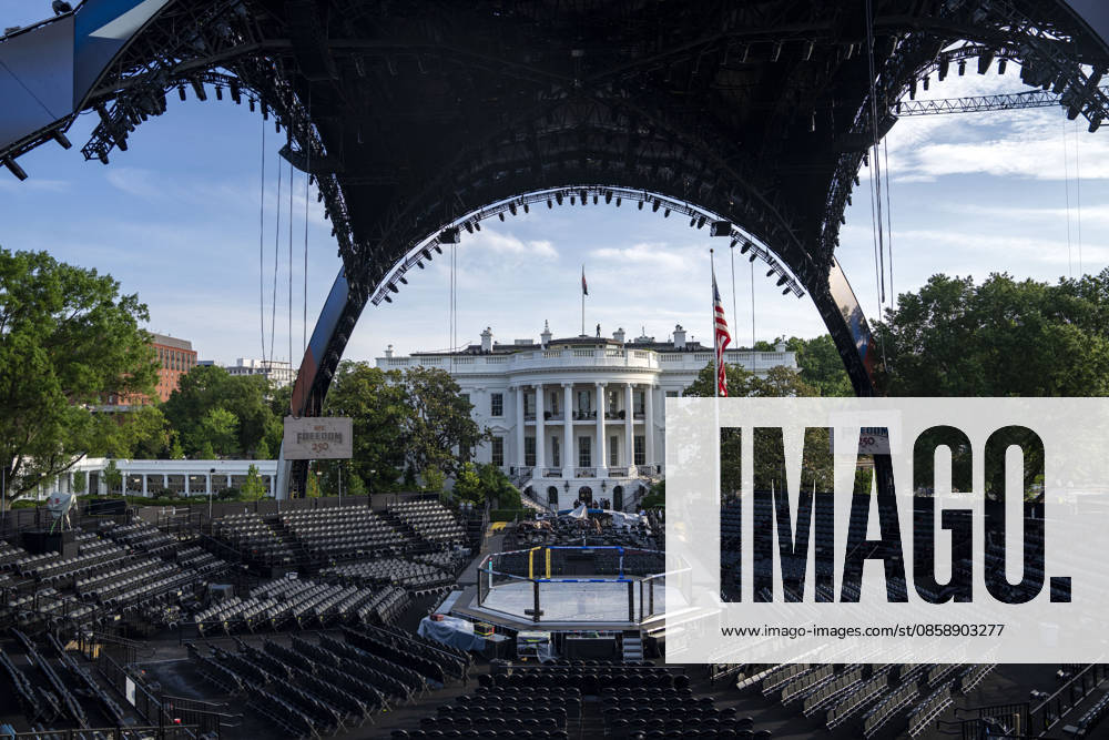 The Ultimate Fighting Championship (UFC) arena is seen as preparations continue for the UFC Freedom 250 event on the South Lawn of the White House in Washington, DC on Thursday, June 11, 2026. President Donald Trump is hosting a series of fighting matches on the South Lawn on Flag Day and his 80th birthday, June 14, in honor of America s 250th birthday. WAP20260611303 BONNIExCASH