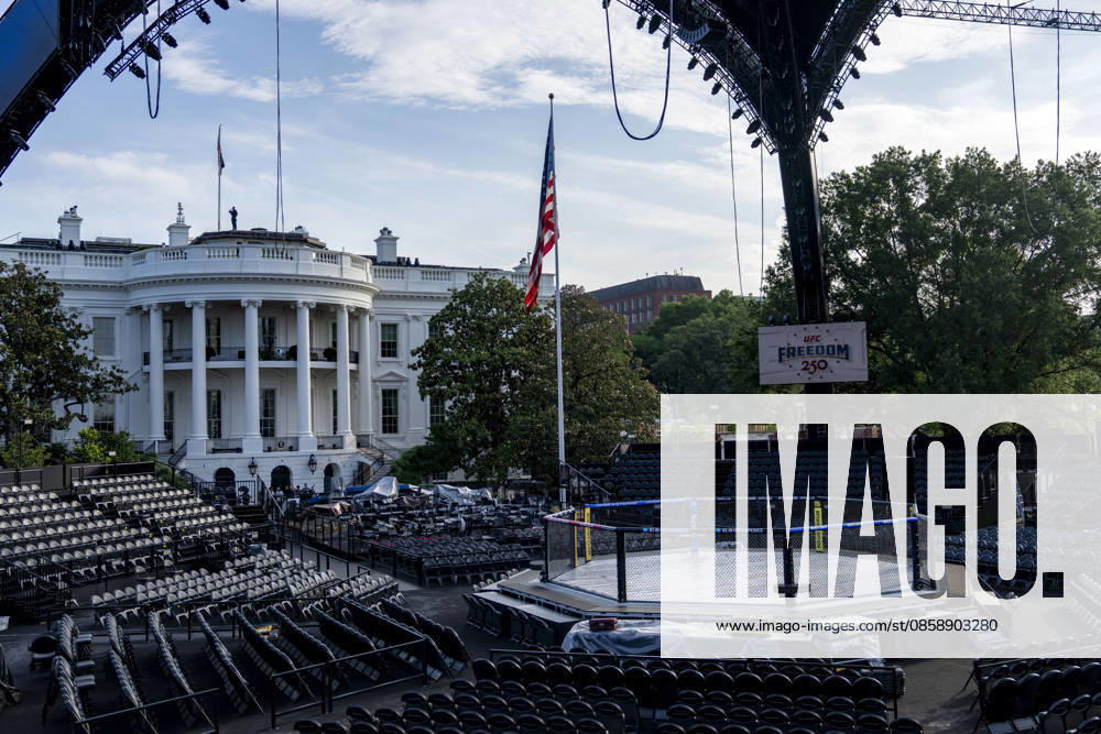 The Ultimate Fighting Championship (UFC) arena is seen as preparations continue for the UFC Freedom 250 event on the South Lawn of the White House in Washington, DC on Thursday, June 11, 2026. President Donald Trump is hosting a series of fighting matches on the South Lawn on Flag Day and his 80th birthday, June 14, in honor of America s 250th birthday. WAP20260611304 BONNIExCASH