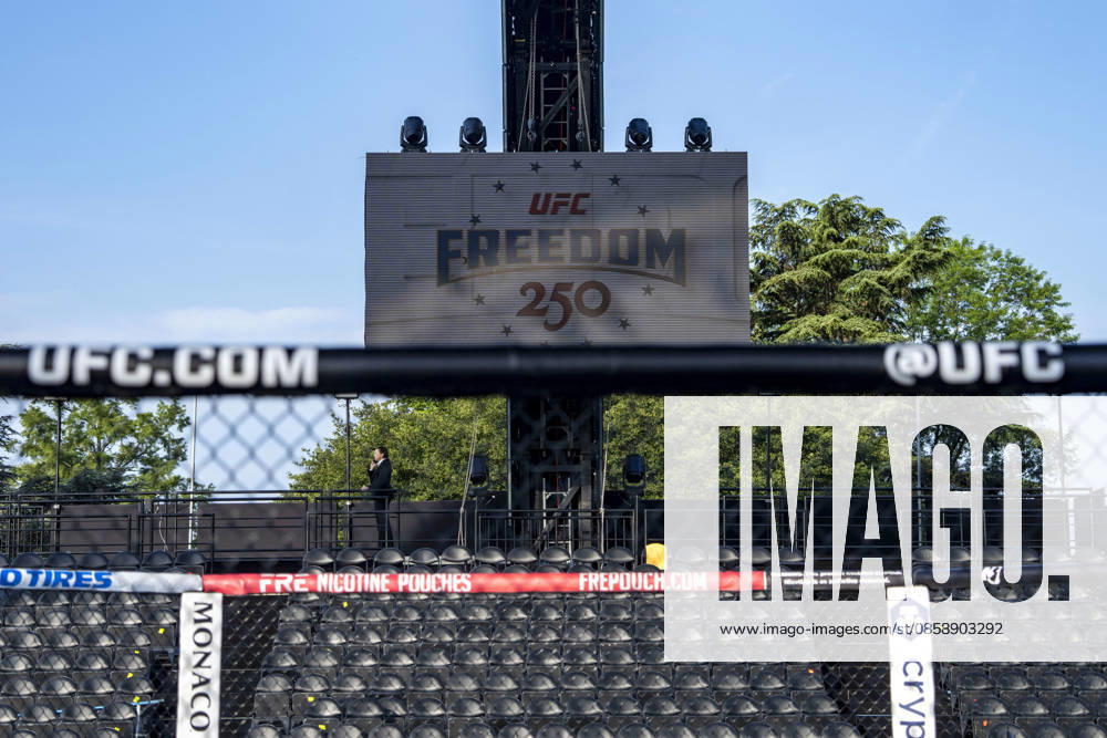 The Ultimate Fighting Championship (UFC) arena is seen as preparations continue for the UFC Freedom 250 event on the South Lawn of the White House in Washington, DC on Thursday, June 11, 2026. President Donald Trump is hosting a series of fighting matches on the South Lawn on Flag Day and his 80th birthday, June 14, in honor of America s 250th birthday. WAP20260611309 BONNIExCASH