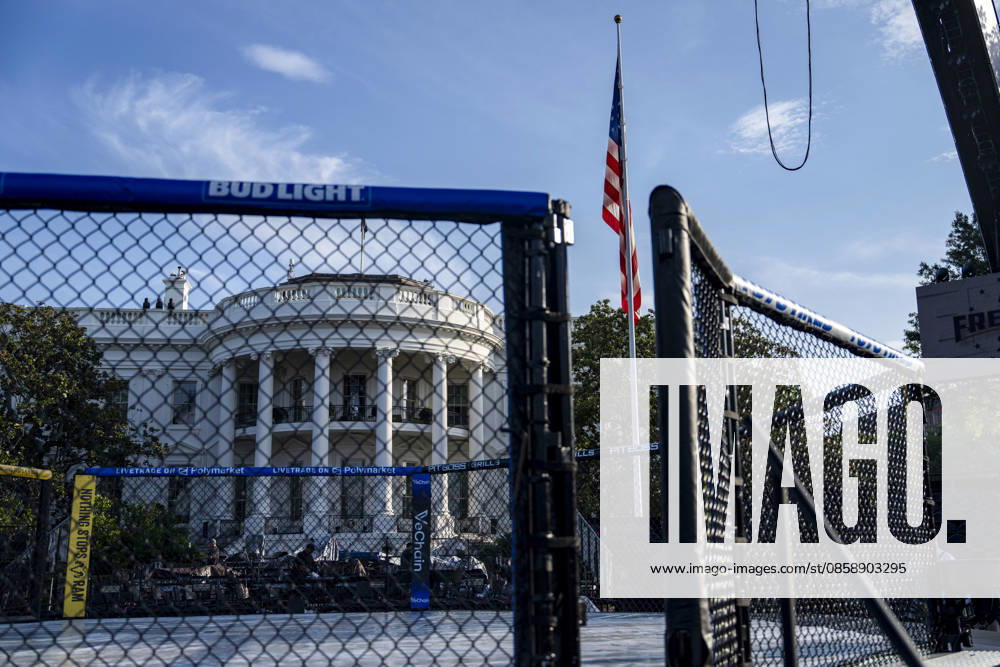 The Ultimate Fighting Championship (UFC) arena is seen as preparations continue for the UFC Freedom 250 event on the South Lawn of the White House in Washington, DC on Thursday, June 11, 2026. President Donald Trump is hosting a series of fighting matches on the South Lawn on Flag Day and his 80th birthday, June 14, in honor of America s 250th birthday. WAP20260611311 BONNIExCASH
