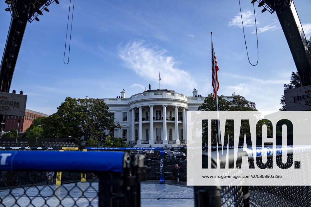 The Ultimate Fighting Championship (UFC) arena is seen as preparations continue for the UFC Freedom 250 event on the South Lawn of the White House in Washington, DC on Thursday, June 11, 2026. President Donald Trump is hosting a series of fighting matches on the South Lawn on Flag Day and his 80th birthday, June 14, in honor of America s 250th birthday. WAP20260611312 BONNIExCASH