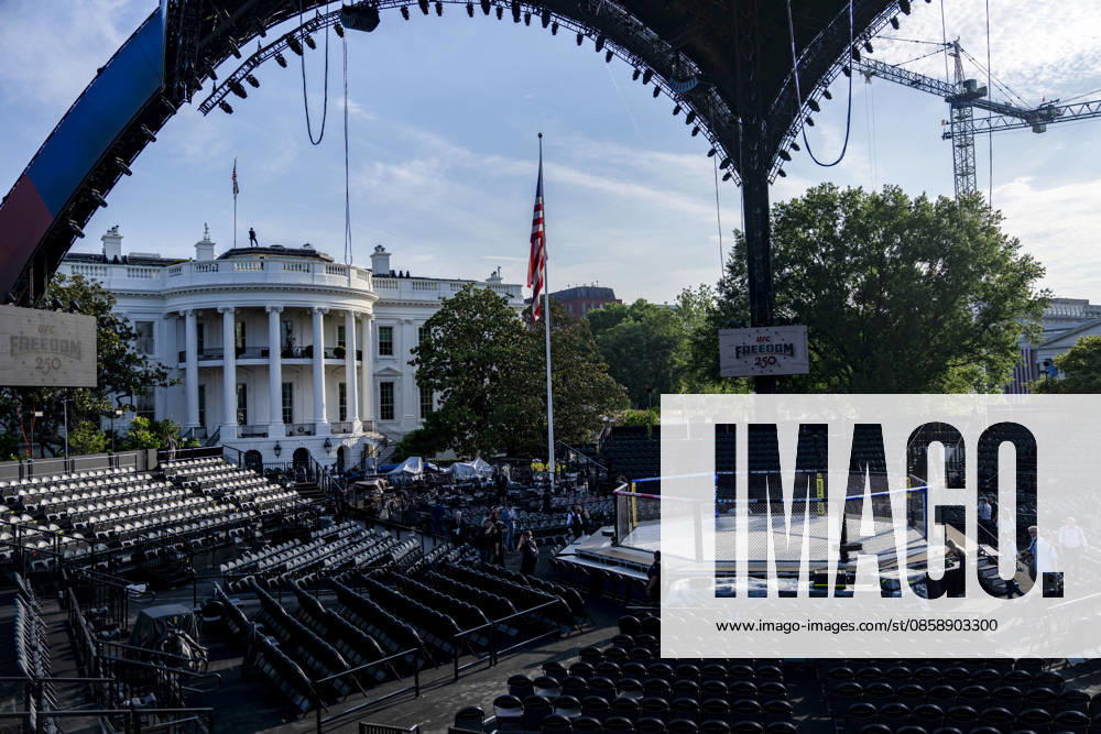The Ultimate Fighting Championship (UFC) arena is seen as preparations continue for the UFC Freedom 250 event on the South Lawn of the White House in Washington, DC on Thursday, June 11, 2026. President Donald Trump is hosting a series of fighting matches on the South Lawn on Flag Day and his 80th birthday, June 14, in honor of America s 250th birthday. WAP20260611315 BONNIExCASH