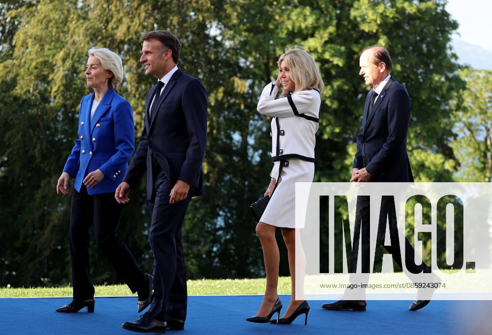 Ursula von der Leyen, President of the European Commission; President Emmanuel Macron; Heiko von der Leyen; Brigitte Macron. Arrival of thestate and government for a working dinner Responding together to major international challenges on the sidelines of the G7 summit in Évian-les-Bains on June 15, 2026, Évian, France,detected_source_language