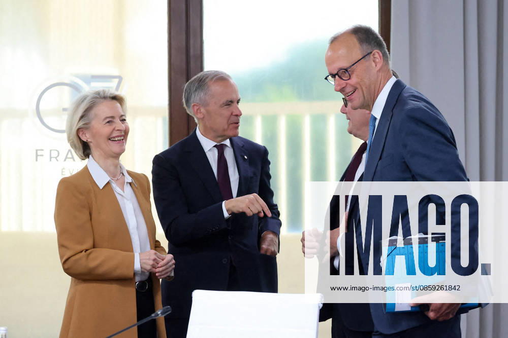 Ursula von der Leyen, President of the European Commission; Mark Carney, Prime Minister of Canada; Keir Starmer, Prime Minister of the United Kingdom; Friedrich Merz, Chancellor of Germany, during a meeting with the President of Ukraine at the G7 summit in Evian on June 16, 2026 Dominique Jacovides Bestimage Meeting with the President of Ukraine during the G7 summit in Evian on June 16, 2026 Evian, France,detected_source_language