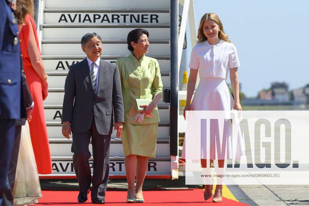 Crown Princess Elisabeth welcomes Japanese Emperor Naruhito and Japanese Empress Masako upon the arrival at Melsbroek military airport for an official state visit of the Japanese Emperor and Empress to Belgium, on Saturday 20 June 2026, in Brussels. The Emperor and Empress of Japan visit Belgium from June 20-25. POOLxPHILIPxREYNAERS 178450870