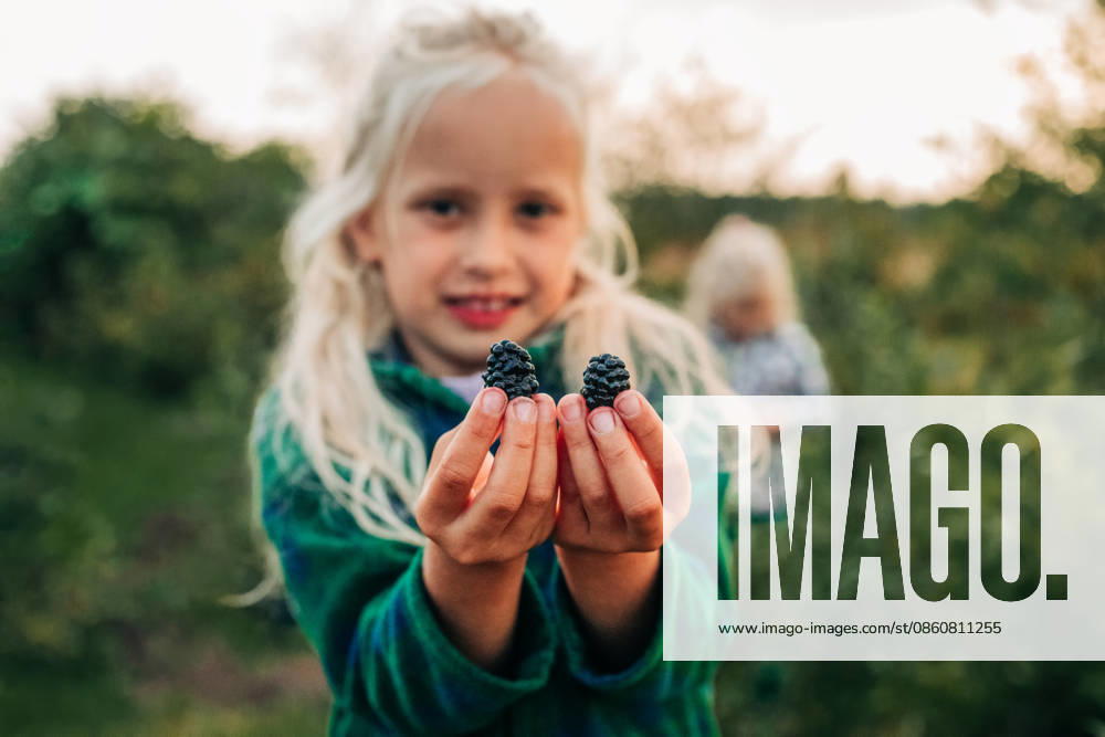 Smiling girl holds fresh blackberry outdoors model released, Symbolfoto, NASF00283
