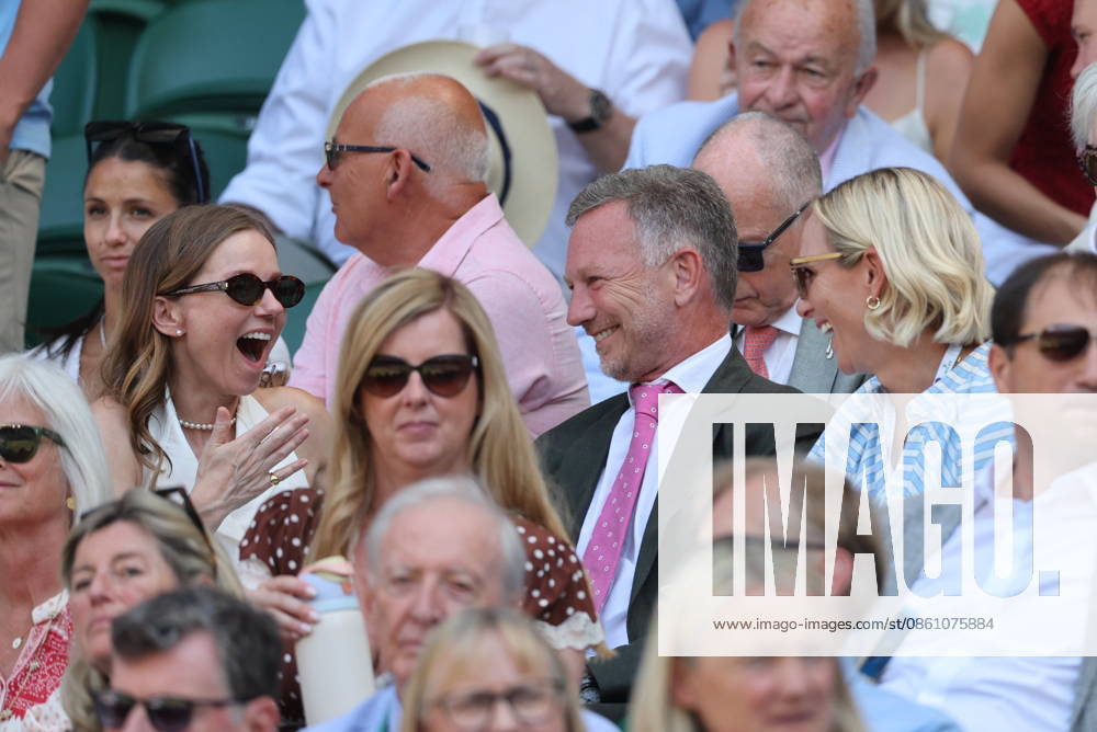 . 08 07 2026. London, United Kingdom. Queen Camilla, Peter Phillips and Harriet Sperling in the Royal Box and Geri Halliwell laughing with Zara Tindall on day ten of the Wimbledon Tennis Championships in London. xStephenxLockx xi-Imagesx IIM-26894-0050