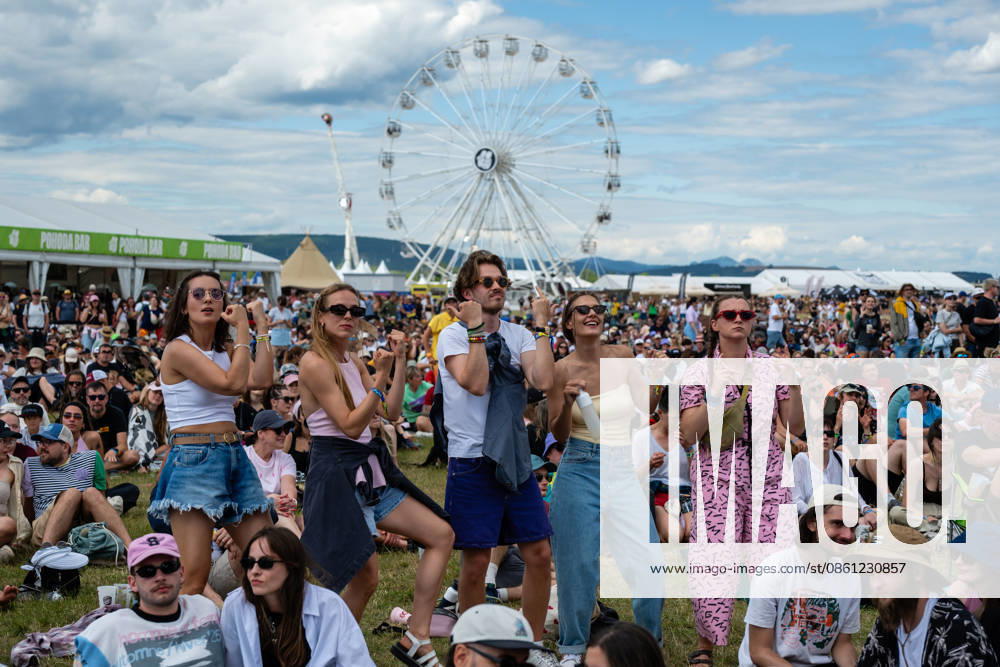 Pohoda festival day 2 in Trencin - 09 Jul 2026 Group of five participants in the crowd seen dancing during the Pohoda Festival 2026 at Trencin Airport. Pohoda festival the biggest open-air summer music festival in Slovakia, celebrates 30th anniversary. Trencin Slovakia