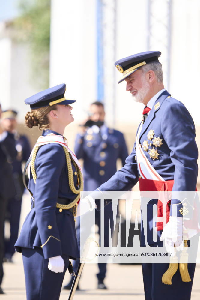 King Felipe VI of Spain, Crown Princess Leonor attends the Presentation of Royal Employment Appointments at the General Academy of Air and Space at General Academy of Air and Space on July 10, 2026 in San Javier, Spain .The Princess of Asturias has completed her military training at San Javier, having served in all three branches of the armed forces. This three-year training programme has prepared her to become the first woman to hold supreme command of the Armed Forces when she ascends to the throne. San Javier Spain - ZUMAg15_ 20260710_zaf_g15_065