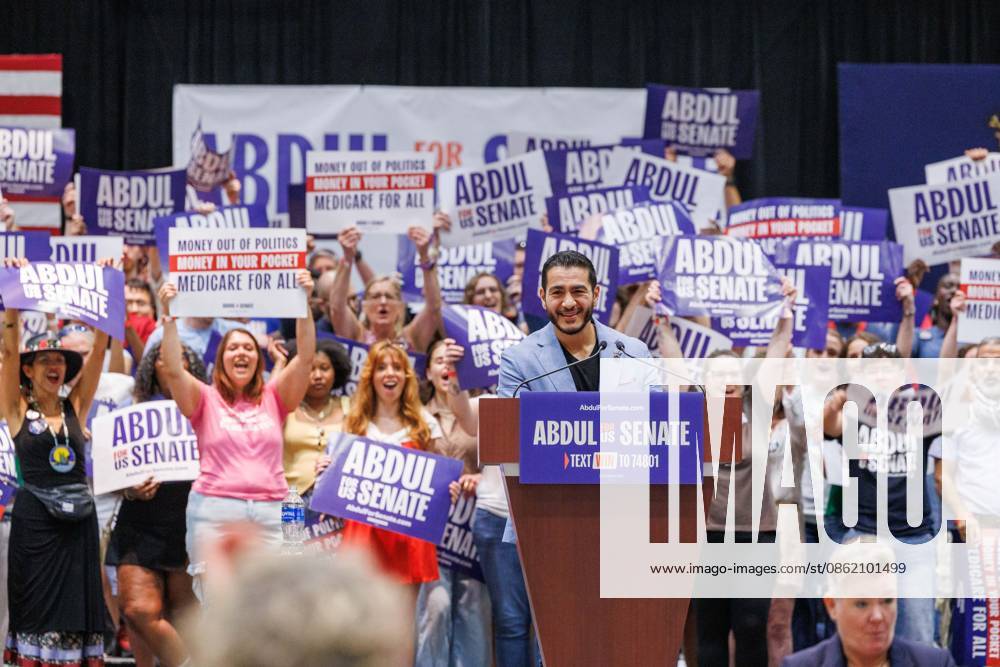 U.S. Senate candidate ABDUL EL-SAYED speaks at a rally with U.S. Sen. Bernie Sanders, U.S. Rep. Alexandria Ocasio-Cortez and U.S. House candidate William Lawrence in Lansing, Mich., on July 19, 2026. Lansing USA - ZUMAr192 20260719_znp_r192_031