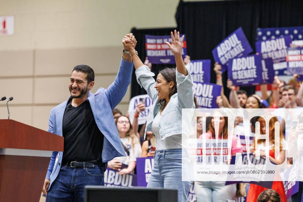 U.S. Senate candidate ABDUL EL-SAYED speaks at a rally with U.S. Sen. Bernie Sanders, U.S. Rep. Alexandria Ocasio-Cortez and U.S. House candidate William Lawrence in Lansing, Mich., on July 19, 2026. Lansing USA - ZUMAr192 20260719_znp_r192_039