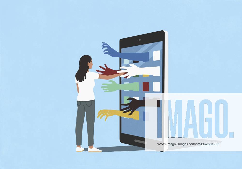 Hands reaching out from smart phone toward woman using mobile apps, touching screen