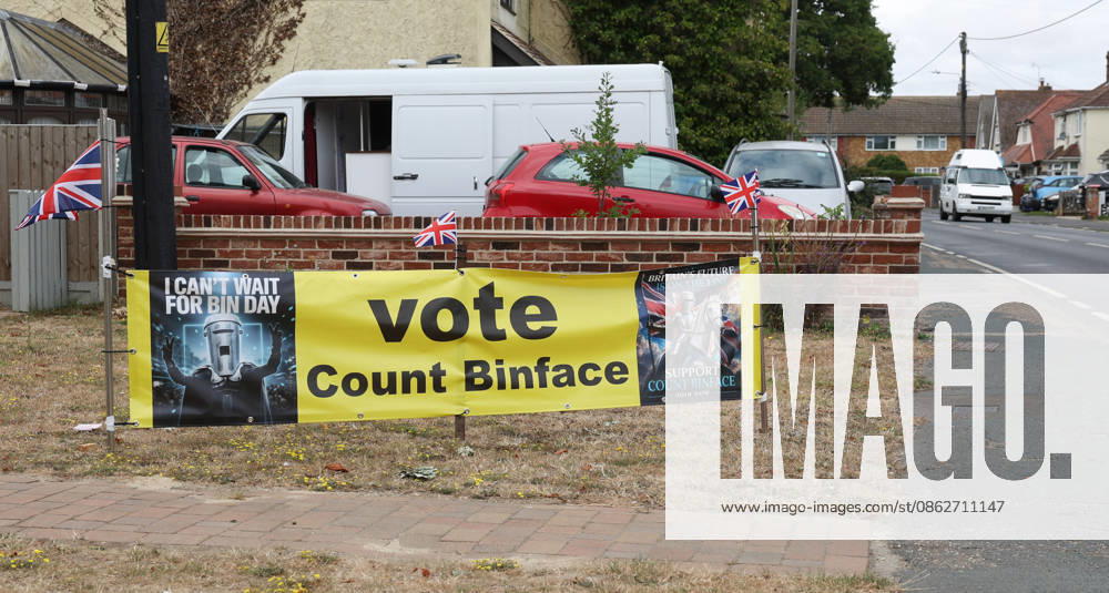 Clacton-On-Sea, UK. A large Count Binface campaign banner is displayed outside a house in Kirby Cross, Essex. Nigel Farage has resigned his seat and is now campaigning to be re-elected in the Clacton constituency at the upcoming by-election on the 13th August. Clacton-On-Sea UK - ZUMAl94_ 20260726_zaf_l94_005