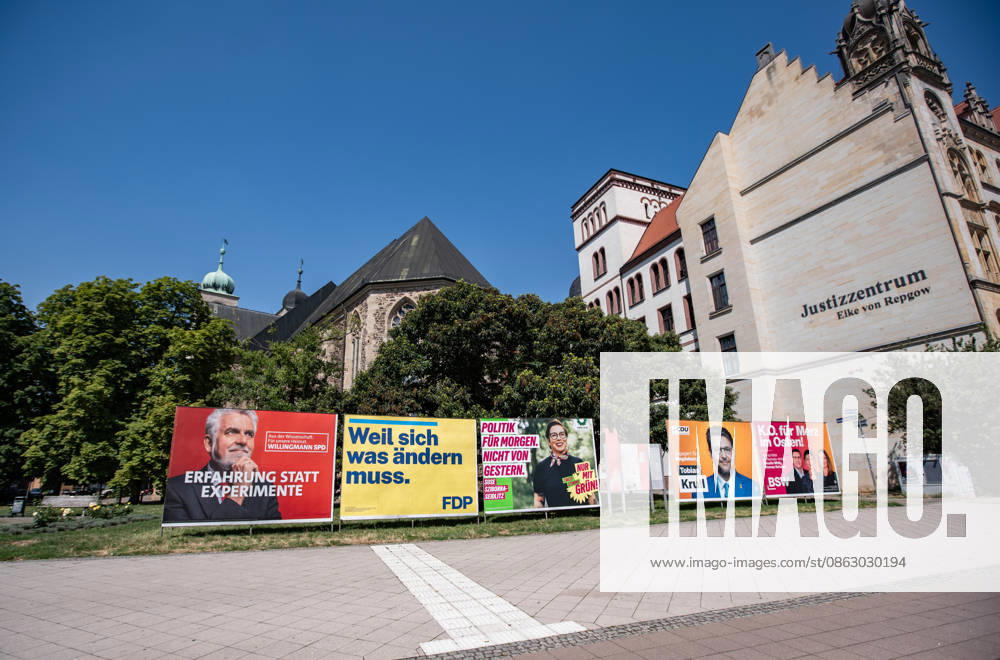 Wahlplakate von SPD, FDP, Grüne, CDU und BSW in Magdeburg am 30. Juli 2026. Landtagswahlen in Sachsen-Anhalt