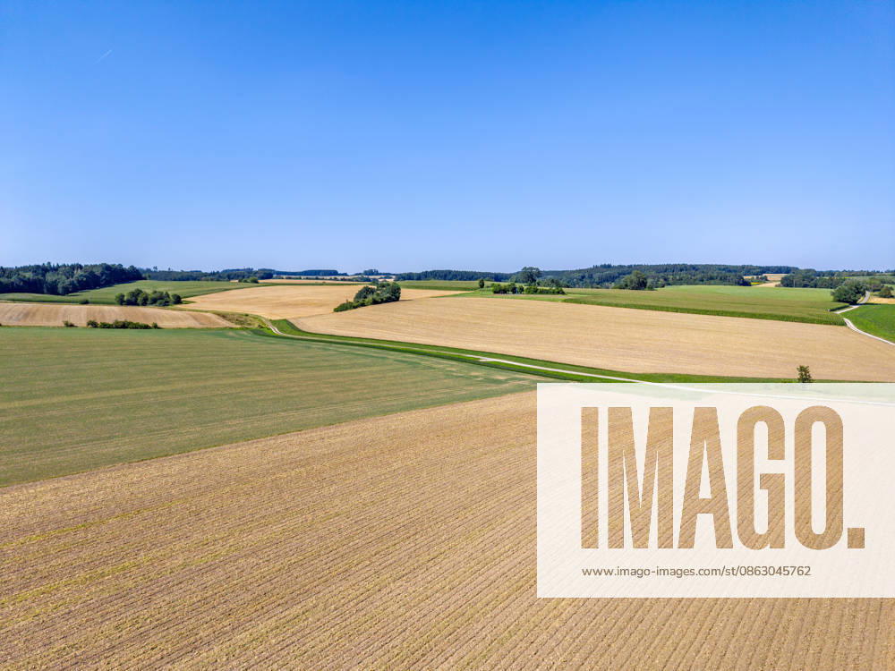 Abgeerntetes Getreidefeld, Stoppelfeld, Sommer, Trockenheit, Klimawandel, Luftaufname, Drohnenaufnahme, Landschaft, Bayern, Deutschland Abgeerntetes Getreidefeld, Stoppelfeld
