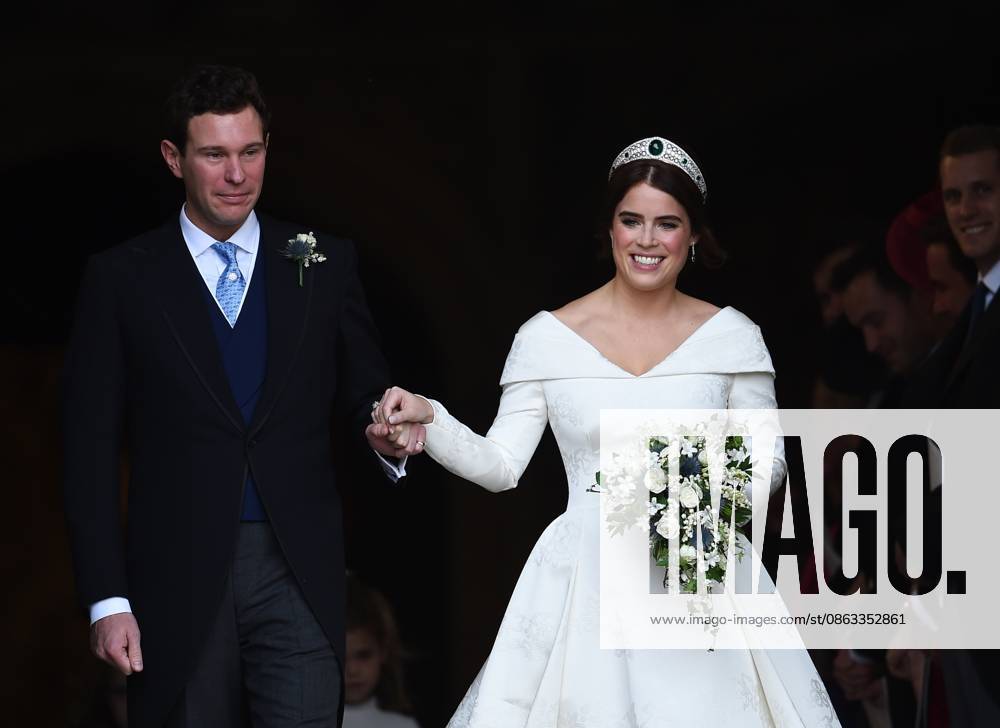HRH Princess Eugenie and Jack Brooksbank HRH Princess Eugenie of York and Jack Brooksbank, leaving St George s Chapel after their wedding, Windsor Castle, Berkshire, UK. 12 10 2018., Credit:PA ROTA - B68 Avalon