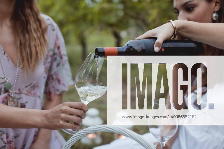 IMAGO Creative, Sommer, Weinfeste und Weinwanderungen Woman pouring wine in glass on a picnic in nature model released Symbolfoto MAUF01630