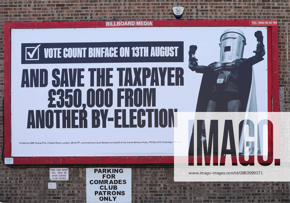 Clacton-On-Sea, UK. UK. A large Count Binface advertising billboard is displayed on the side of a building, in Clacton-On-Sea, Essex. Count Binface is a candidate in the upcoming by-election. Nigel Farage has resigned his seat and is now campaigning to be re-elected in the Clacton constituency at the upcoming by-election on the 13th August. Clacton-On-Sea UK - ZUMAl94_ 20260808_zaf_l94_012