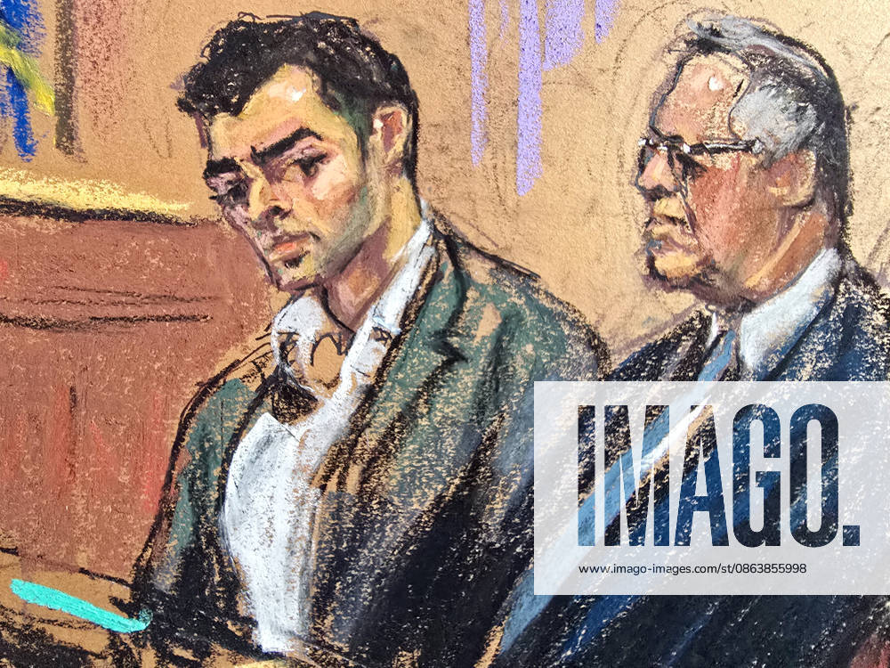 A photograph of a drawing by artist Jane Rosenberg that shows Luigi Mangione (i) along with his lawyer, Marc Agnifilo, during a preliminary hearing in a New York court, United States, 11 August 2026. The state trial against Mangione, accused of murdering UnitedHealthcare CEO Brian Thompson in 2024, will begin on September 8 with an anonymous jury, according to the judge overseeing the case. The state trial against Mangione will begin on September 8 and will have an anonymous jury !ACHTUNG: NUR REDAKTIONELLE NUTZUNG!